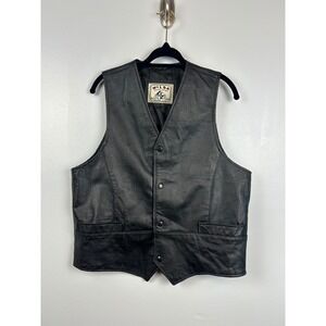 Vintage WILDA Leather Vest Large Black Snap Button Up Motorcycle Biker